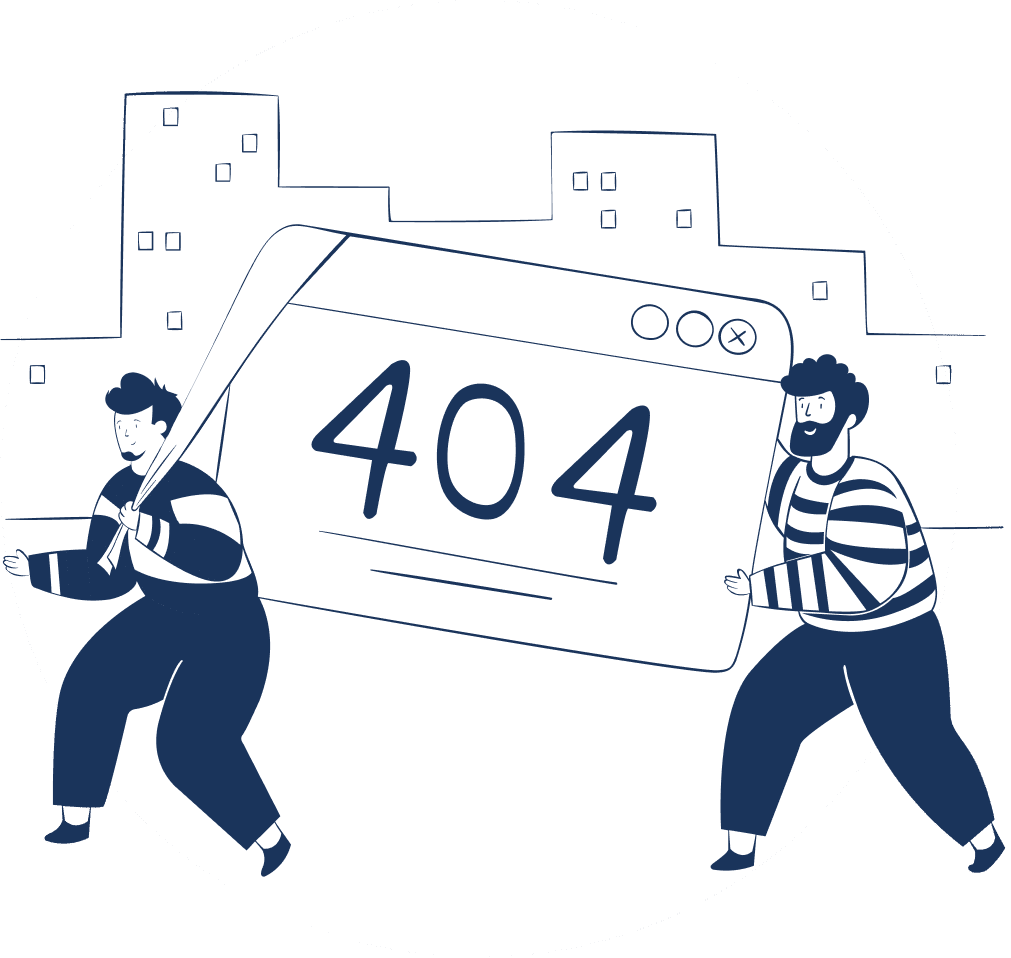 Illustration of 2 people holding a 404 page