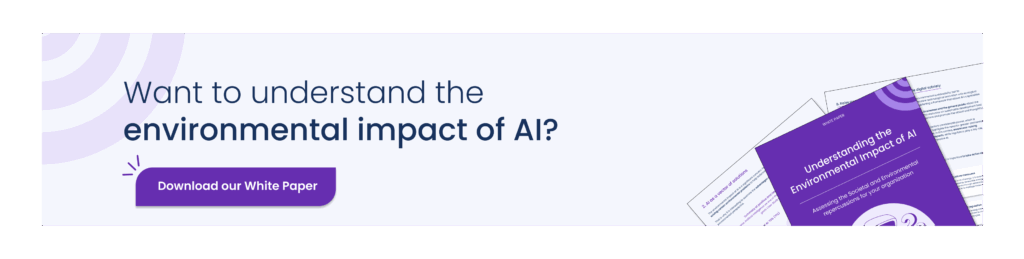 Illustrative banner promoting a white paper on the environmental impact of AI, with a call-to-action button to download the resource.