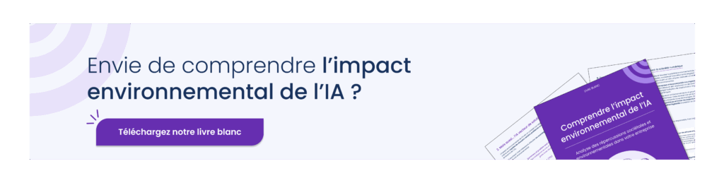 Bannière incitative pour télécharger un livre blanc intitulé 'Comprendre l’impact environnemental de l’IA', avec une illustration de documents imprimés et un bouton d’appel à l’action 'Téléchargez notre livre blanc'
