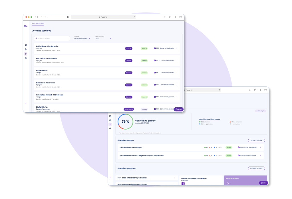 Visuel des deux écrans de l'interface accessibilité de Fruggr