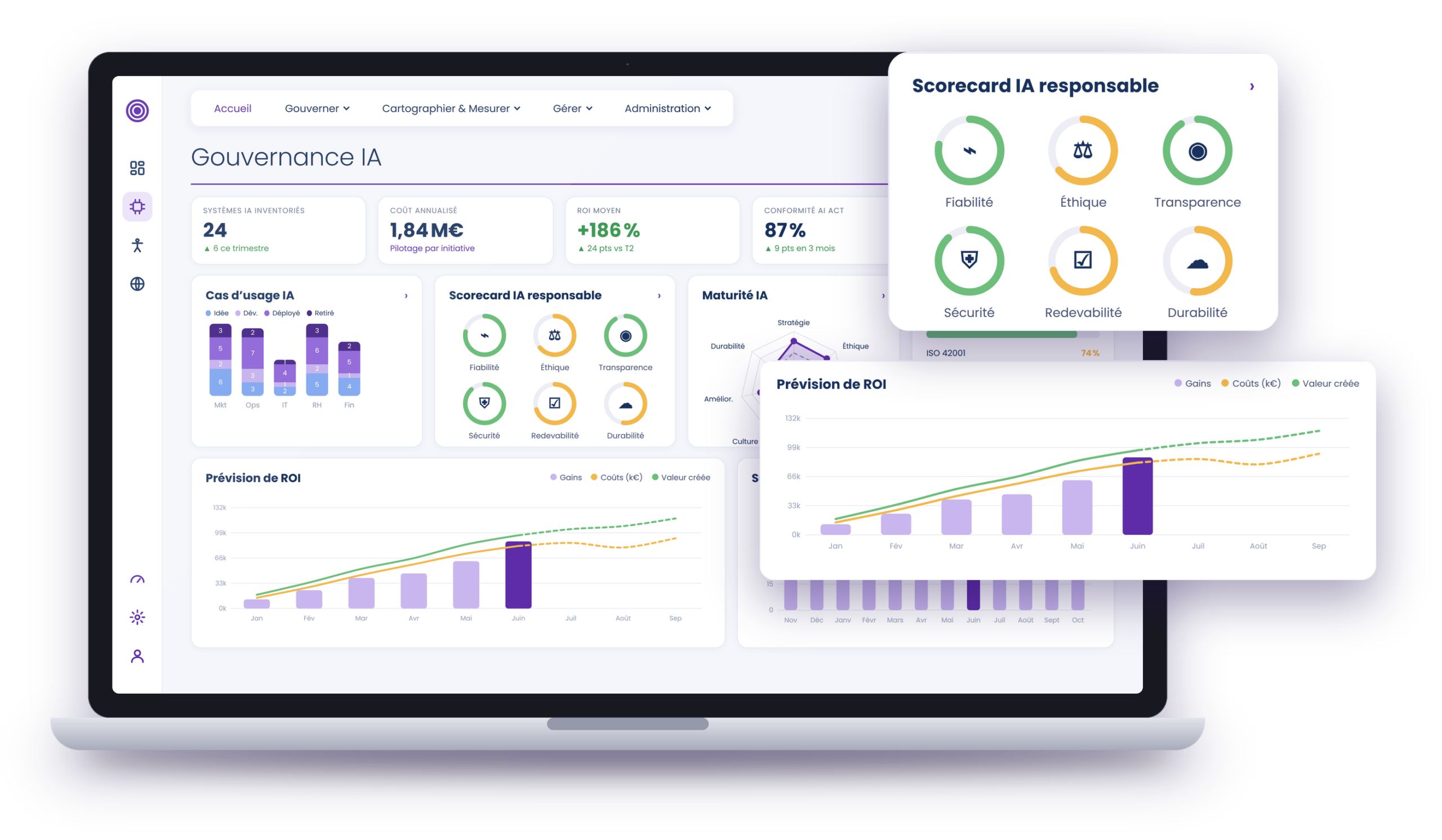 Plateforme Fruggr : modules de gouvernance IA affichés sur un ordinateur